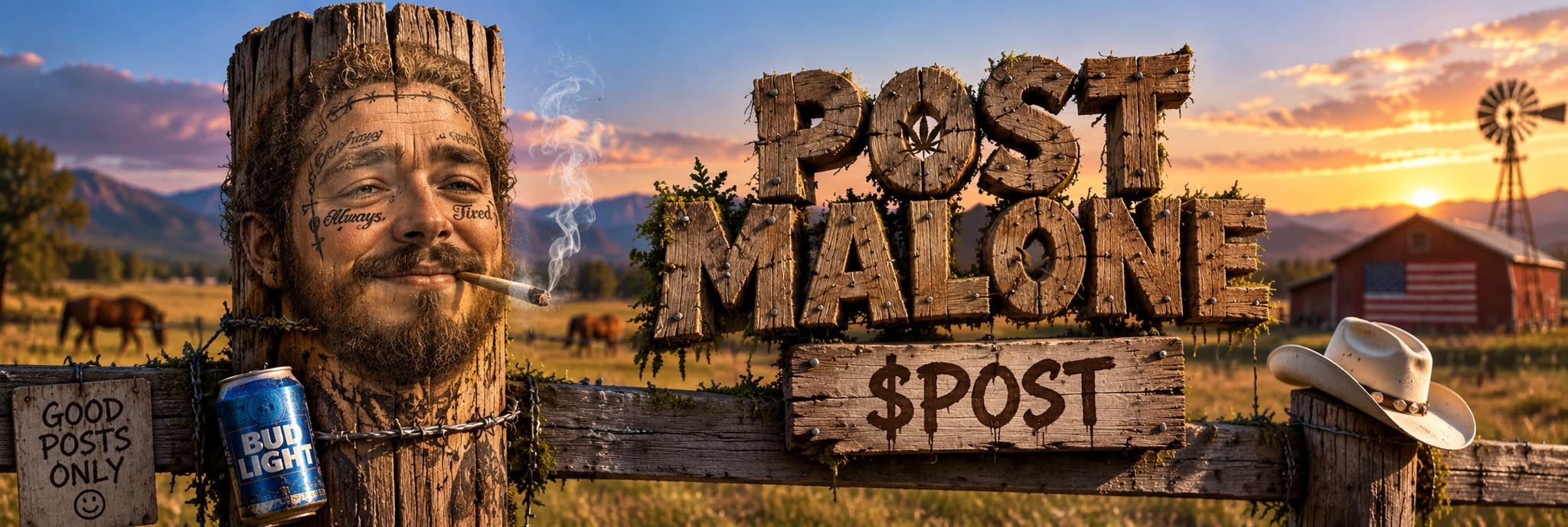 A surreal wooden ranch fence at sunset with a carved face and a $POST sign